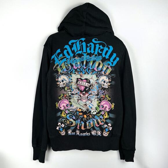Vintage Ed Hardy Full Zip Hoodie Sweatshirt Faded Black Grunge Goth Emo Y2K - Picture 2 of 16
